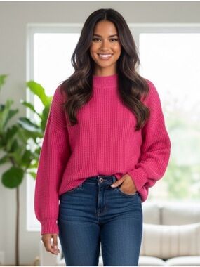 Jessica Simpson Cozy Rib-Knit Crewneck Sweater - Hot Pink